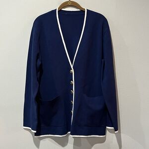 Ann Taylor Tipped V-neck Sweater Blazer Women's Large Navy Blue‎ Buttons Preppy